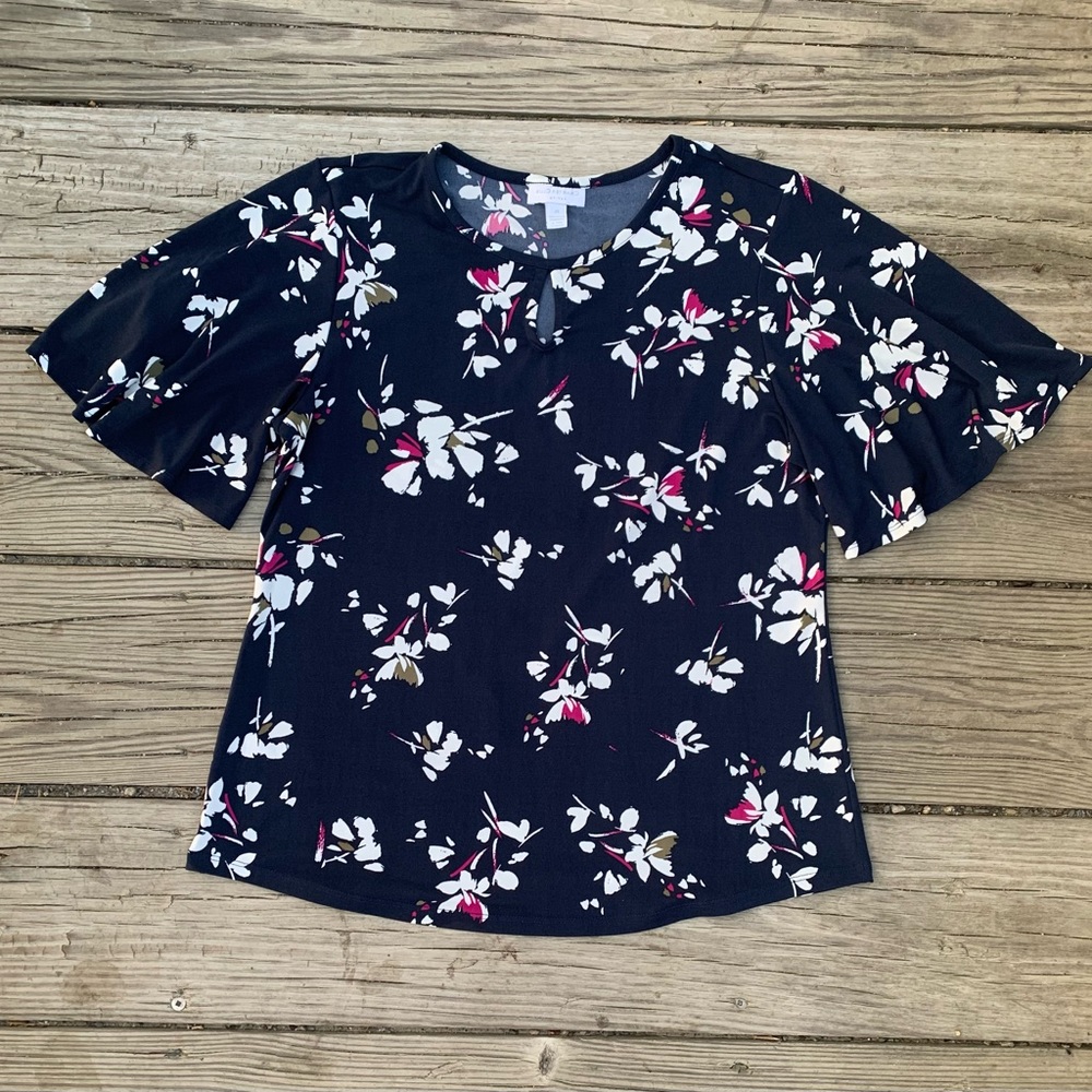 Charter Club Petite Large Blouse Blue with White Flowers Loose Flowy Sleeves